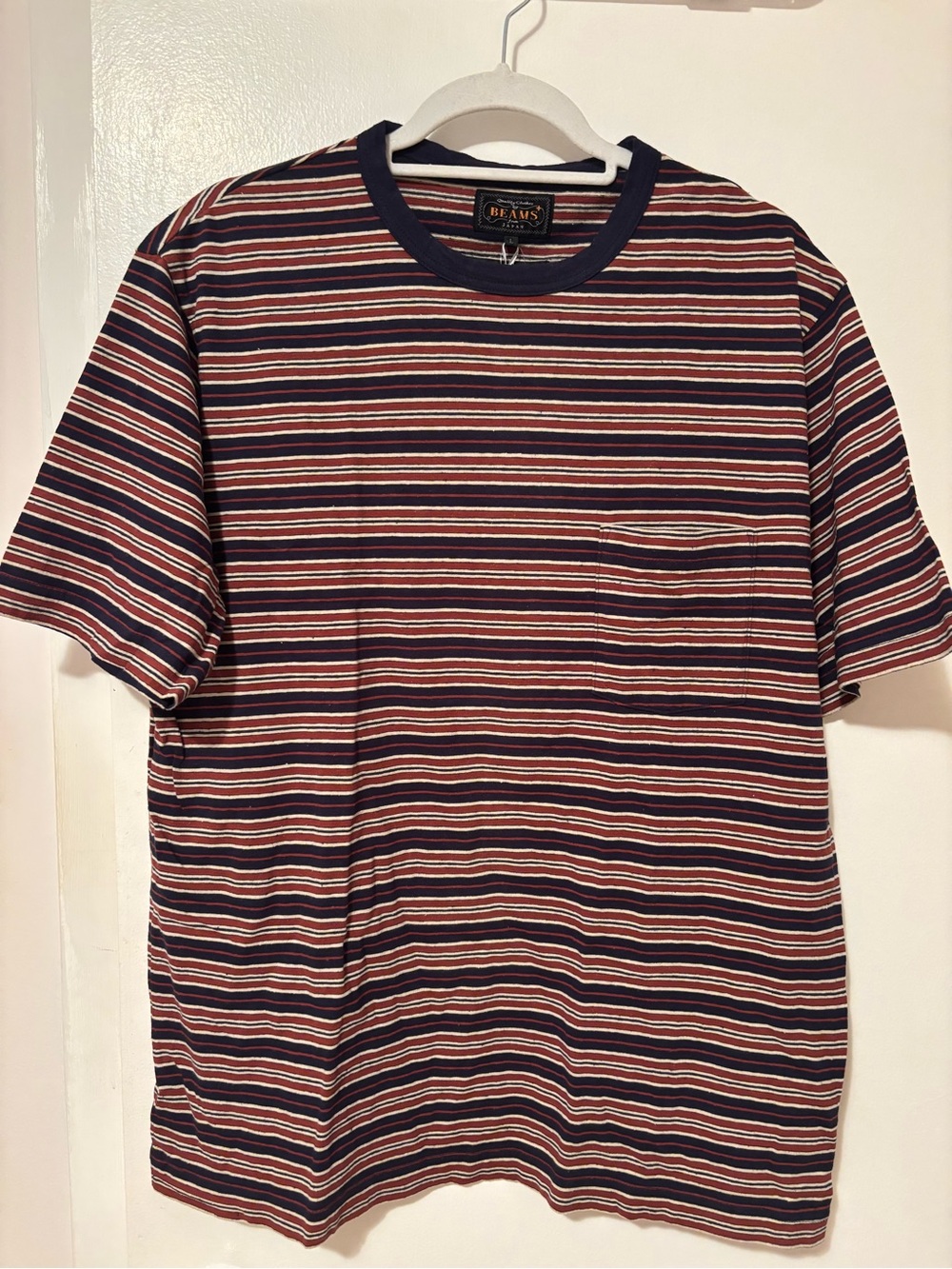 BEAMS Striped Short Sleeve Tee in Navy & Orange